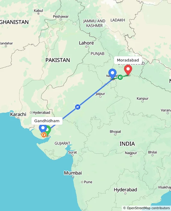Route map showing distance and travel time from Gandhidham, India to Moradabad, India
