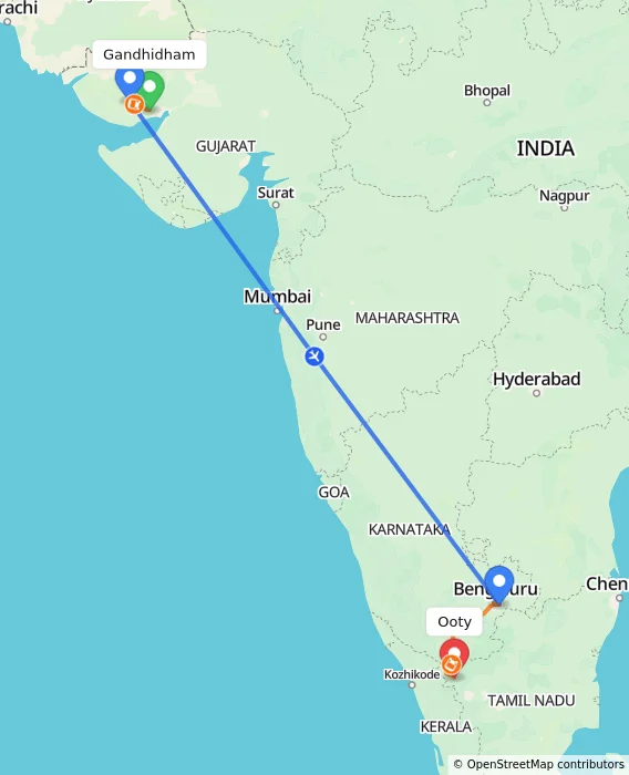 Route map showing distance and travel time from Gandhidham, India to Ooty, India