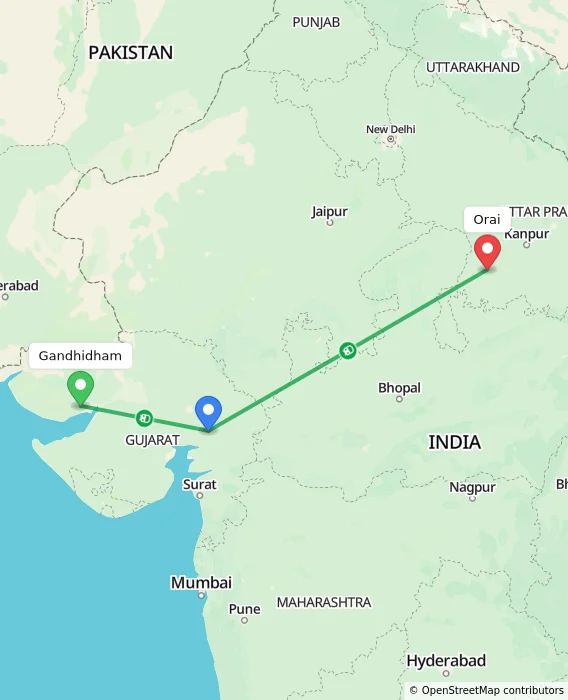 Route map showing distance and travel time from Gandhidham, India to Orai, India