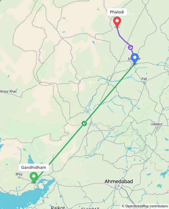 Route map showing distance and travel time from Gandhidham, India to Phalodi, India