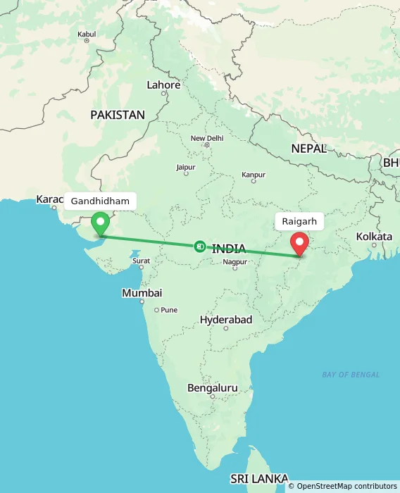 Route map showing distance and travel time from Gandhidham, India to Raigarh, India