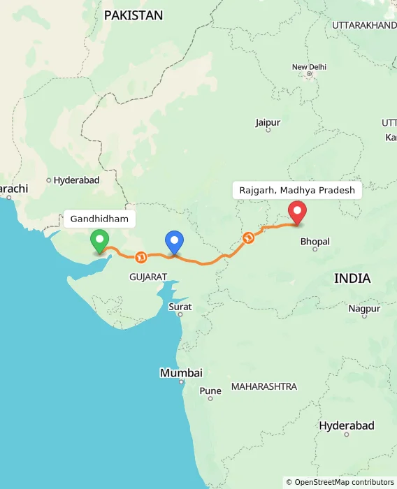 Route map showing distance and travel time from Gandhidham, India to Rajgarh, Madhya Pradesh, India