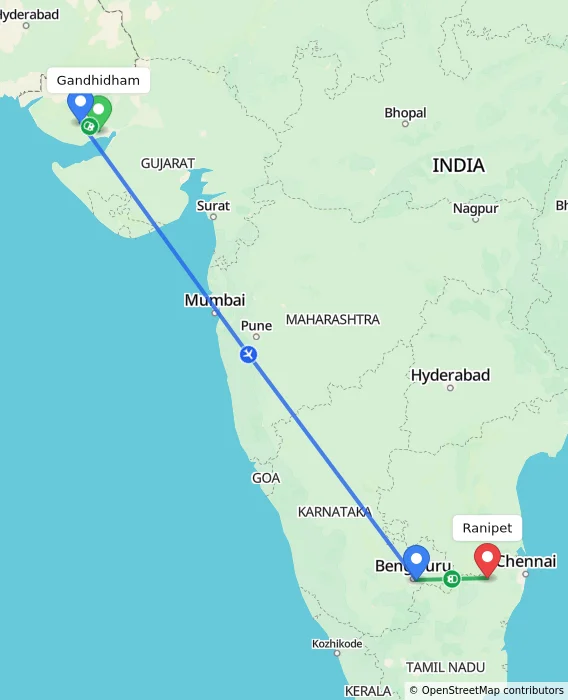 Route map showing distance and travel time from Gandhidham, India to Ranipet, India