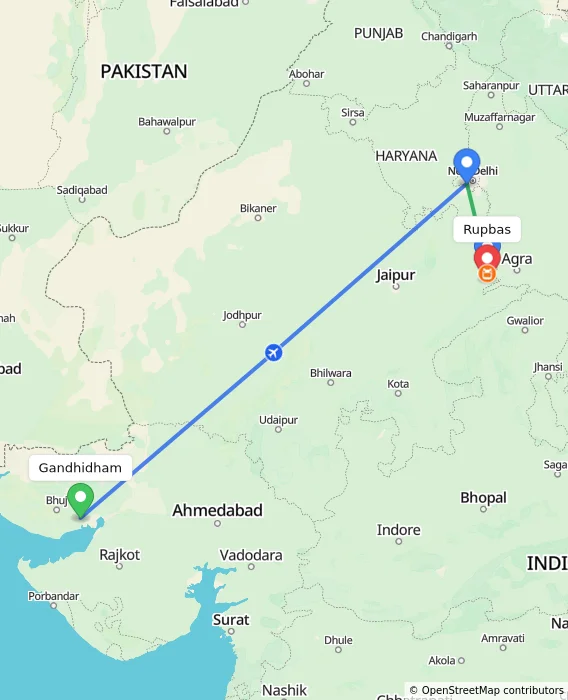 Route map showing distance and travel time from Gandhidham, India to Rupbas, India