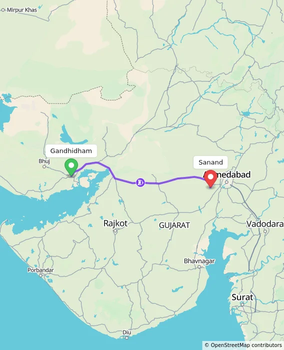 Route map showing distance and travel time from Gandhidham, India to Sanand, India