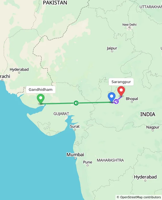 Route map showing distance and travel time from Gandhidham, India to Sarangpur, India