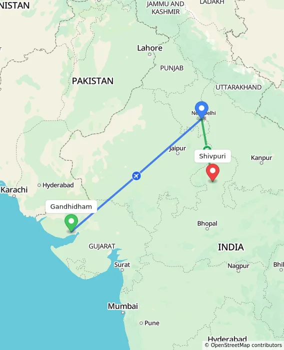 Route map showing distance and travel time from Gandhidham, India to Shivpuri, India