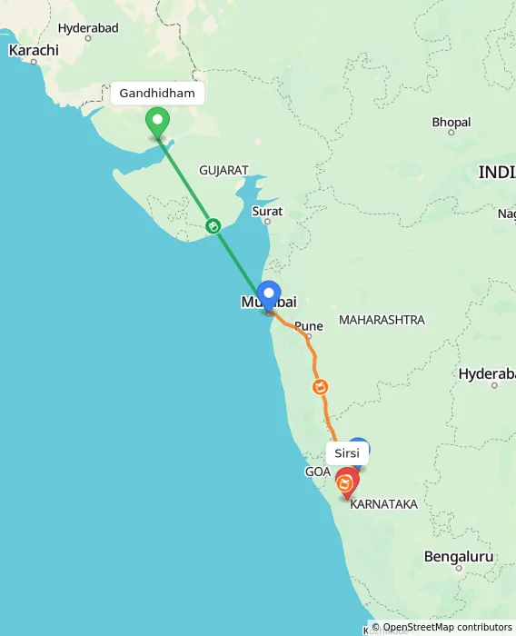 Route map showing distance and travel time from Gandhidham, India to Sirsi, India
