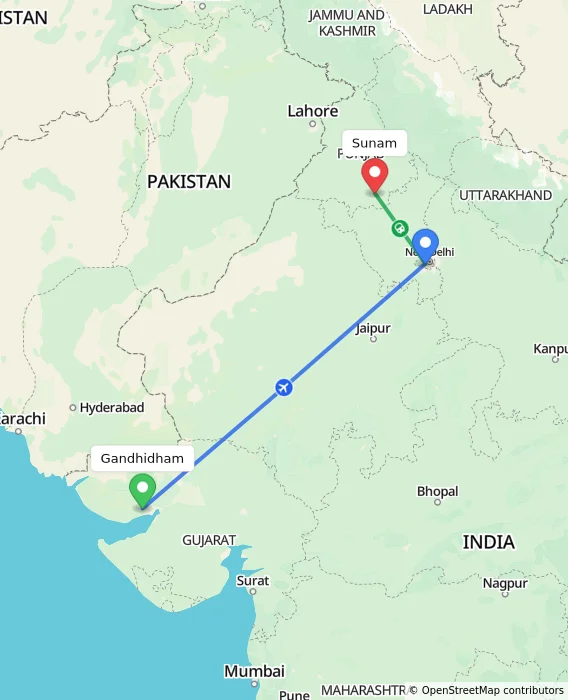 Route map showing distance and travel time from Gandhidham, India to Sunam, India
