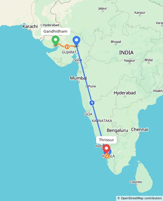 Route map showing distance and travel time from Gandhidham, India to Thrissur, India