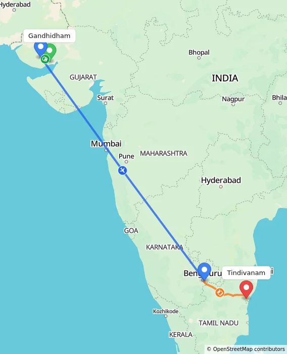 Route map showing distance and travel time from Gandhidham, India to Tindivanam, India