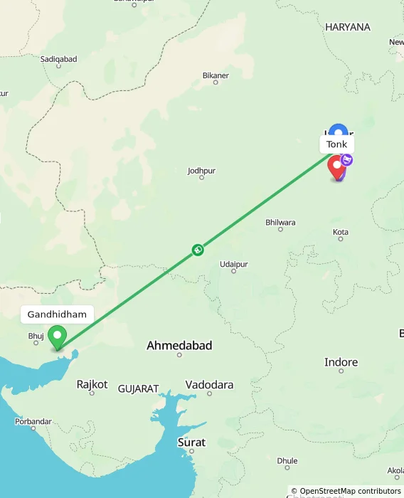 Route map showing distance and travel time from Gandhidham, India to Tonk, India