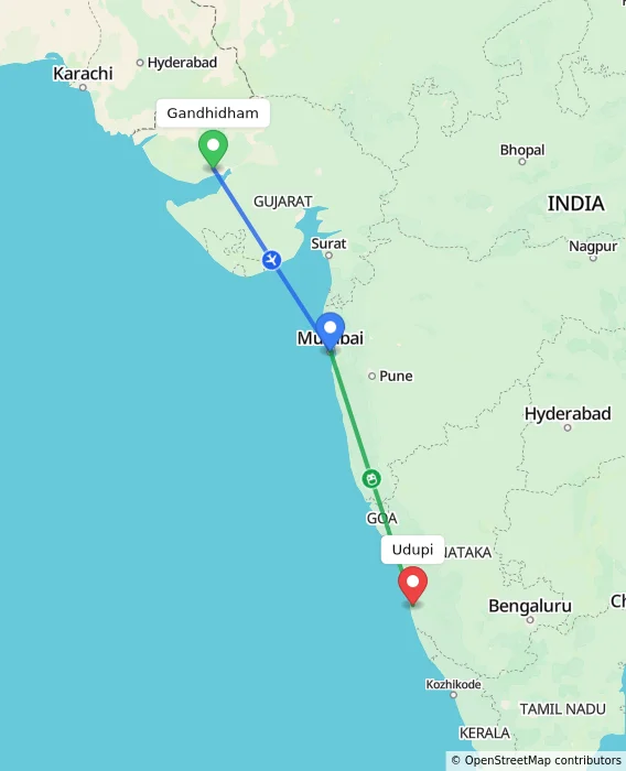 Route map showing distance and travel time from Gandhidham, India to Udupi, India