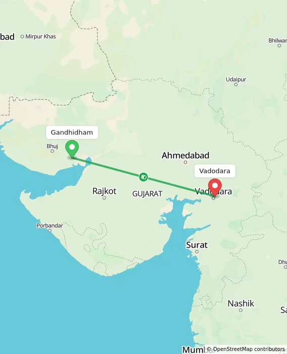 Route map showing distance and travel time from Gandhidham, India to Vadodara, India