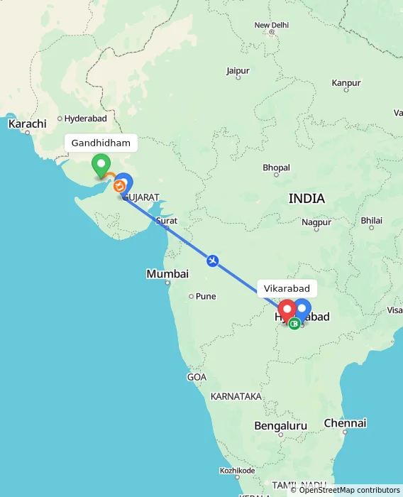 Route map showing distance and travel time from Gandhidham, India to Vikarabad, India