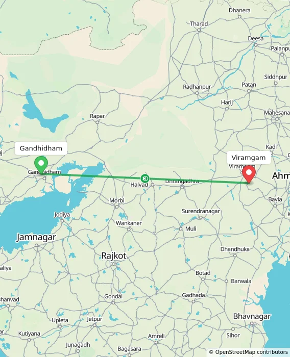 Route map showing distance and travel time from Gandhidham, India to Viramgam, India