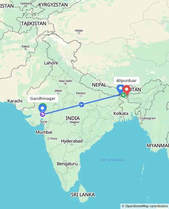 Route map showing distance and travel time from Gandhinagar, India to Alipurduar, India