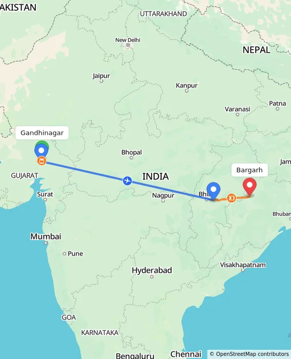 Route map showing distance and travel time from Gandhinagar, India to Bargarh, India