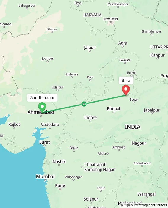 Route map showing distance and travel time from Gandhinagar, India to Bina, India