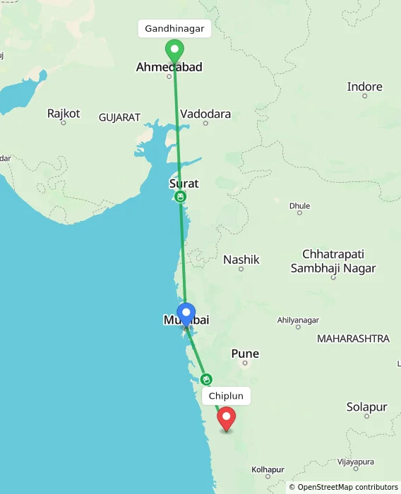 Route map showing distance and travel time from Gandhinagar, India to Chiplun, India