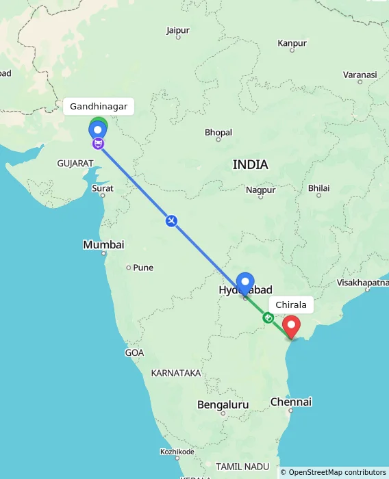 Route map showing distance and travel time from Gandhinagar, India to Chirala, India