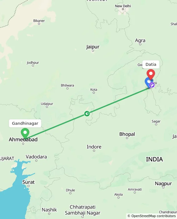 Route map showing distance and travel time from Gandhinagar, India to Datia, India