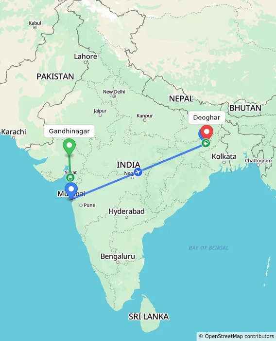 Route map showing distance and travel time from Gandhinagar, India to Deoghar, India