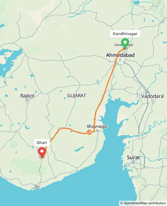 Route map showing distance and travel time from Gandhinagar, India to Dhari, India