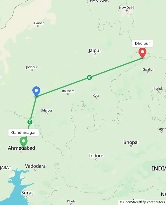 Route map showing distance and travel time from Gandhinagar, India to Dholpur, India