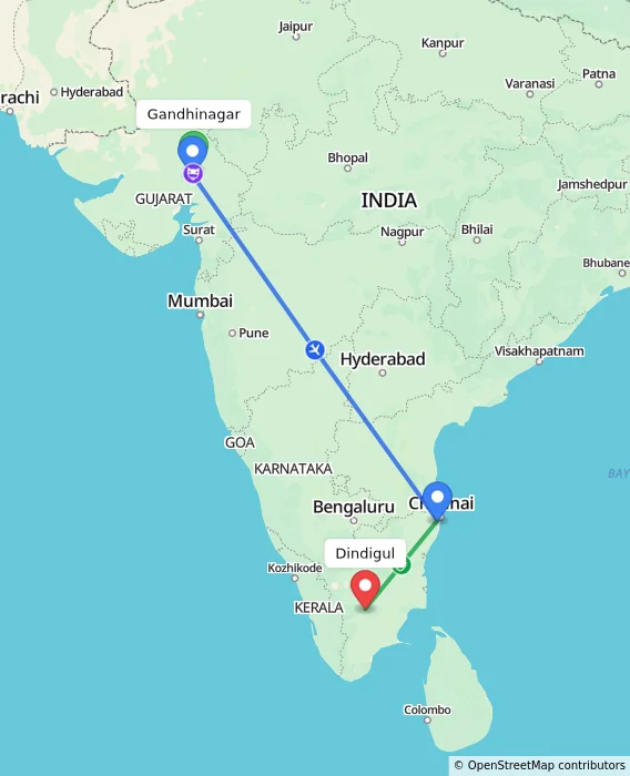 Route map showing distance and travel time from Gandhinagar, India to Dindigul, India