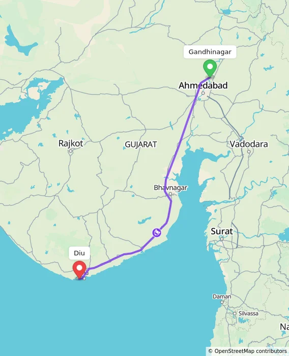 Route map showing distance and travel time from Gandhinagar, India to Diu, India
