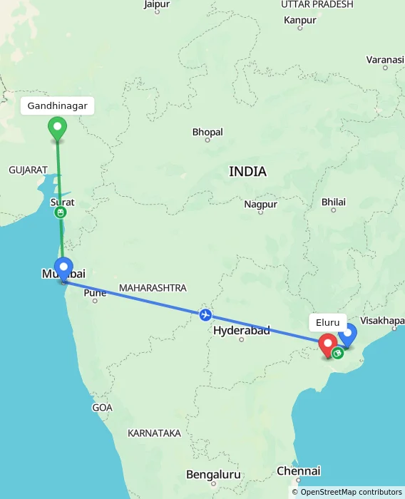 Route map showing distance and travel time from Gandhinagar, India to Eluru, India