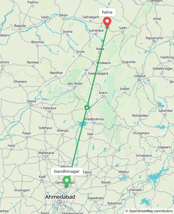 Route map showing distance and travel time from Gandhinagar, India to Falna, India