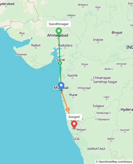 Route map showing distance and travel time from Gandhinagar, India to Gargoti, India