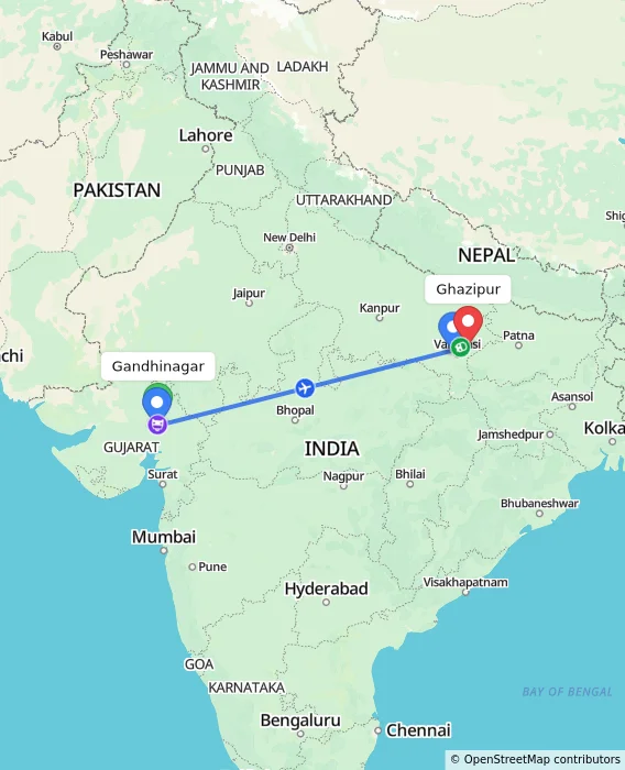 Route map showing distance and travel time from Gandhinagar, India to Ghazipur, India