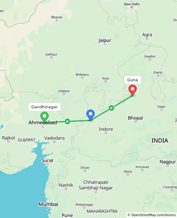 Route map showing distance and travel time from Gandhinagar, India to Guna, India