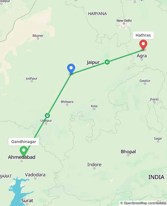 Route map showing distance and travel time from Gandhinagar, India to Hathras, India