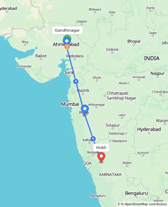 Route map showing distance and travel time from Gandhinagar, India to Hubli, India