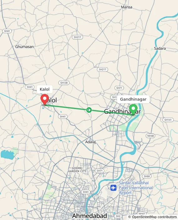 Route map showing distance and travel time from Gandhinagar, India to Kalol, India