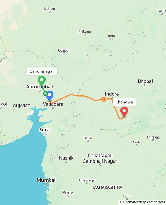 Route map showing distance and travel time from Gandhinagar, India to Khandwa, India
