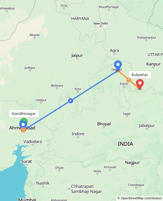Route map showing distance and travel time from Gandhinagar, India to Kulpahar, India