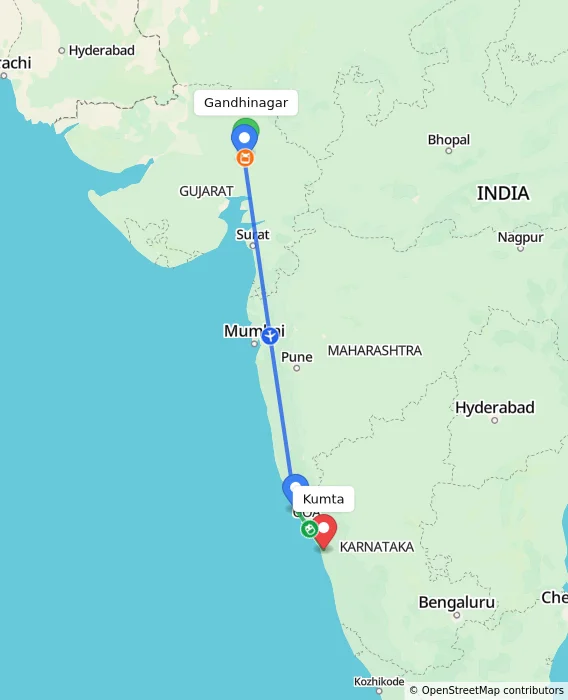 Route map showing distance and travel time from Gandhinagar, India to Kumta, India