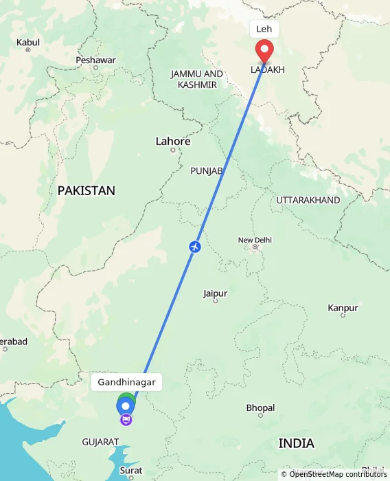 Route map showing distance and travel time from Gandhinagar, India to Leh, India