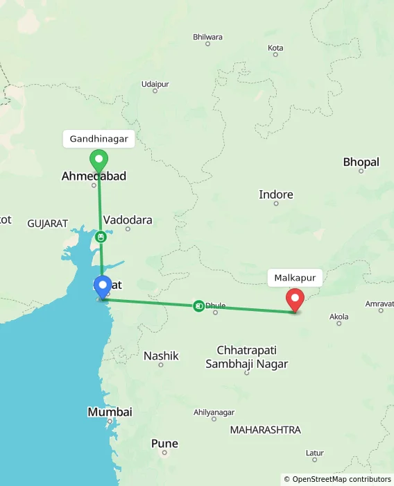 Route map showing distance and travel time from Gandhinagar, India to Malkapur, India