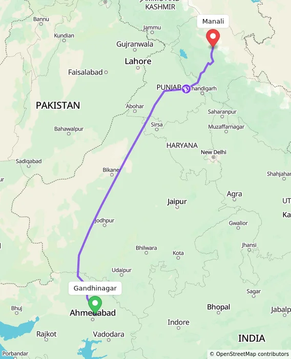 Route map showing distance and travel time from Gandhinagar, India to Manali, India