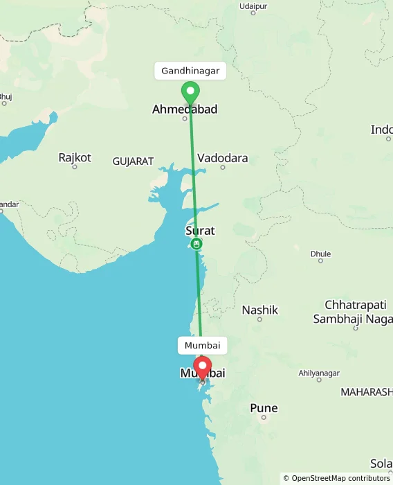 Route map showing distance and travel time from Gandhinagar, India to Mumbai, India