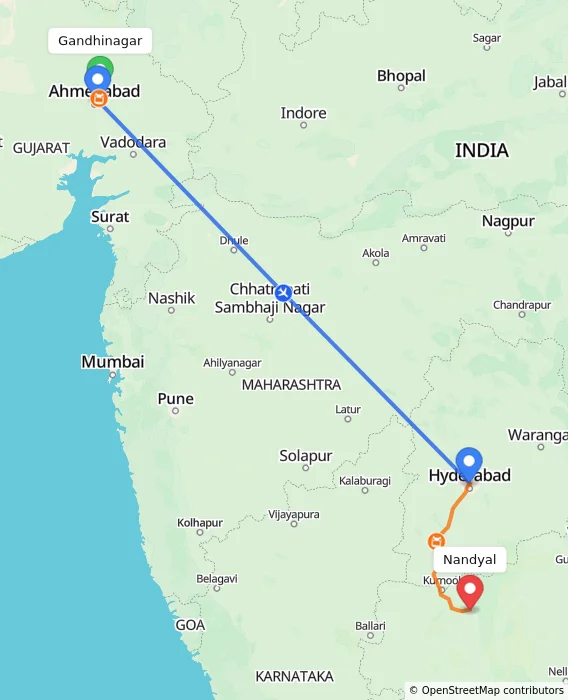 Route map showing distance and travel time from Gandhinagar, India to Nandyal, India