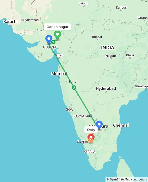 Route map showing distance and travel time from Gandhinagar, India to Ooty, India