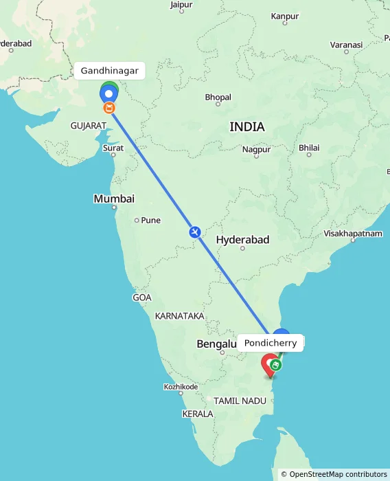 Route map showing distance and travel time from Gandhinagar, India to Puducherry, India