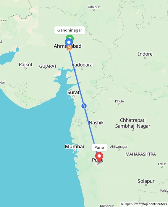 Route map showing distance and travel time from Gandhinagar, India to Pune, India